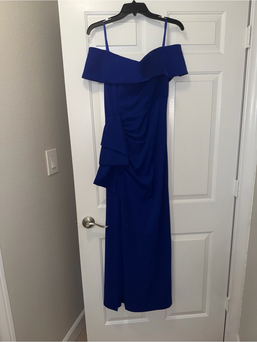 Xscape One-Shoulder Royal Blue Evening Gown with Draped Ruffle